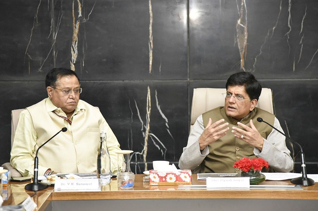 Dr Vijay Kumar Saraswat, NITI Aayog member (L) and Union minister Piyush Goyal at the 6th Mission Steering Group meeting of the National Technical Textiles Mission. Pic: Twitter/@PiyushGoyalOffc